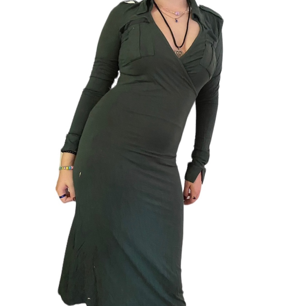 Vintage H&M Dress Khaki Green Midi XS Long Sleeve V-neck Bodycon Stretchy Y2K